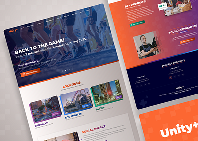 UI Concept · Unity+ brand branding color gradient green homepage logo navy orange purple rainbow styleguide ui ux web design