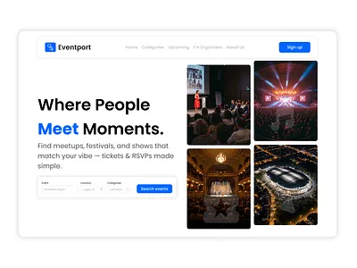 Event Platform Landing page Design 3d animation app branding concert design event festival figma graphic design illustration landing page logo motion graphics shows ui ux website