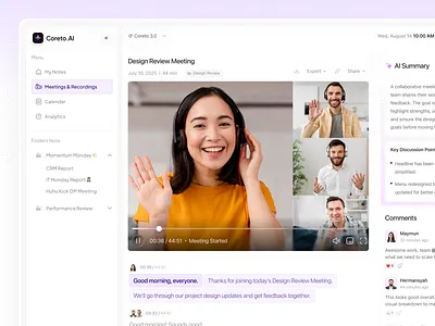 Coreto.AI - Meetings & Recordings Page ai note taking ai notetaker ai summary assistant clean dashboard ai design discussion figma meeting dashboard meeting notes dashboard minimalist modern note taker productivity dashboard record meeting summary transcript ui