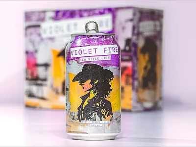 Violet Fire - Brand Design alternative beer can beverage design brand identity branding brewery collage design edgy illustration mixed media product design punk utah vibrant western