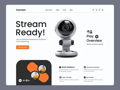 Header Exploration - live streaming camera product camera design designinspiration ecommerce gadgets landing page livestreaming modern streaming tech trending ui uxui web design website