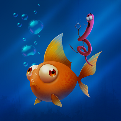 Crazy fishing fish graphic design hook illustration procreate underwater worm