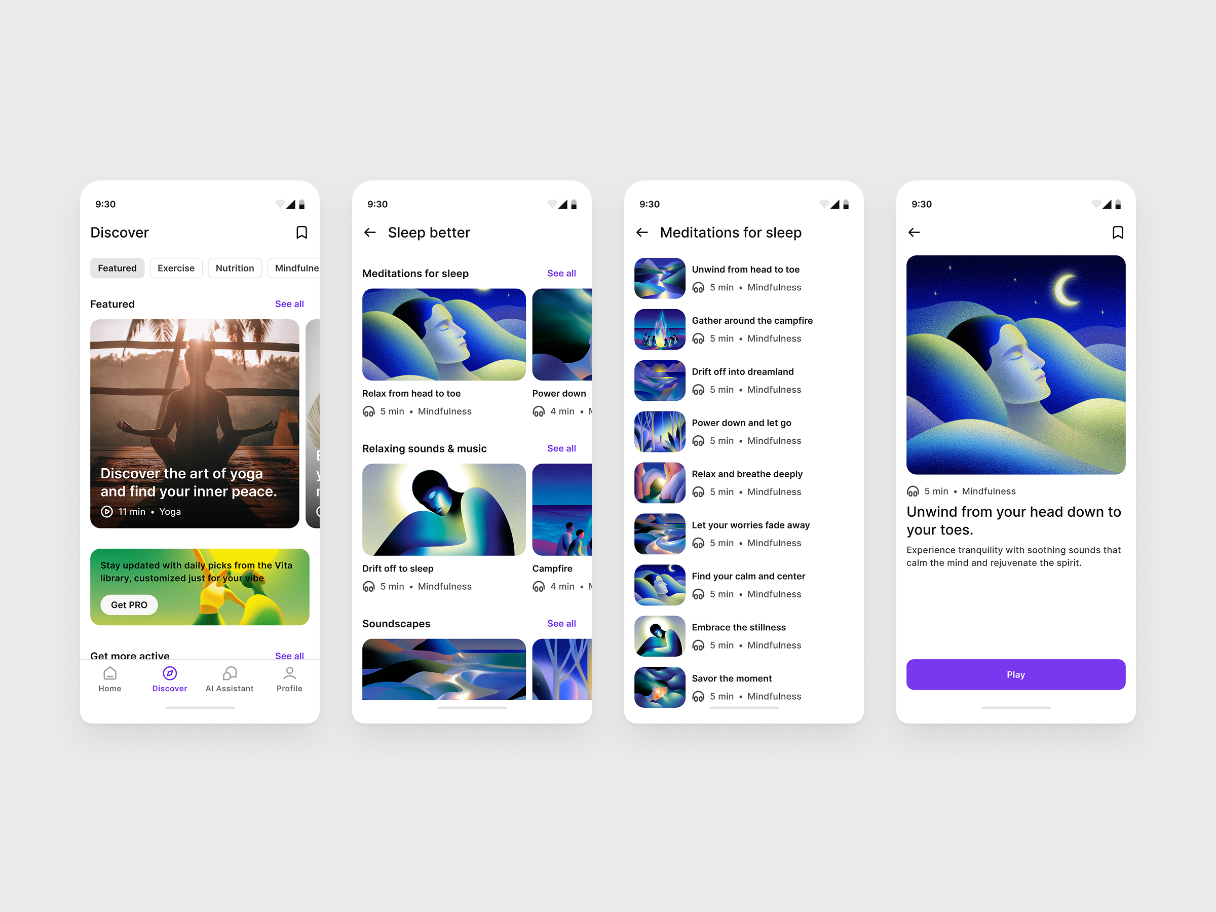 Health & Mindfulness App - Discover Page Flow android app design design discover explore ios app design product design soft ui user experience user interface ux