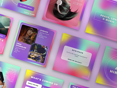 Bright Holographic Music & Event Insta Post Templates adobe illustrator branding bright canva template clean colourful design engaging eye catching graphic design graphicdesign graphics hologram holographic icons identity design illustrator template modern template ui