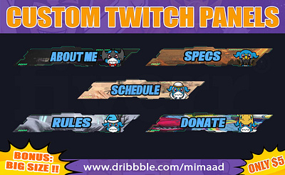 I will design custom special twitch panels buttons anime banner custom banner custom order custom panel custom twitch panel custom twitch panels design emotes graphic design illustration logo panel panels sub badge twitch twitch banner twitch icon twitch panel twitch panels