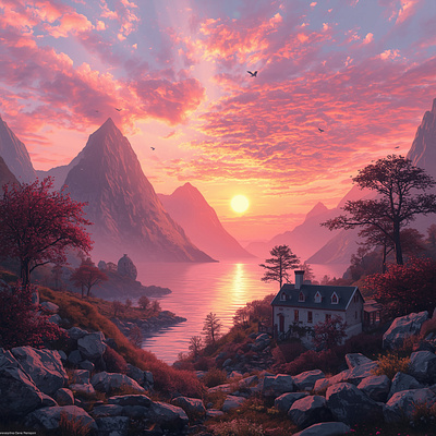 Sunset Symphony: A Kaleidoscope of Color ai art artwork colorful digital art environment house illustration landscape mountains nature painting rocks sun sunset trees water world