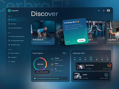 CerbroFit - AI dashboard for fitness and training ai app coach dashboard design diet futuristic goals health minimal modern smart sport sports tracker ui web workout