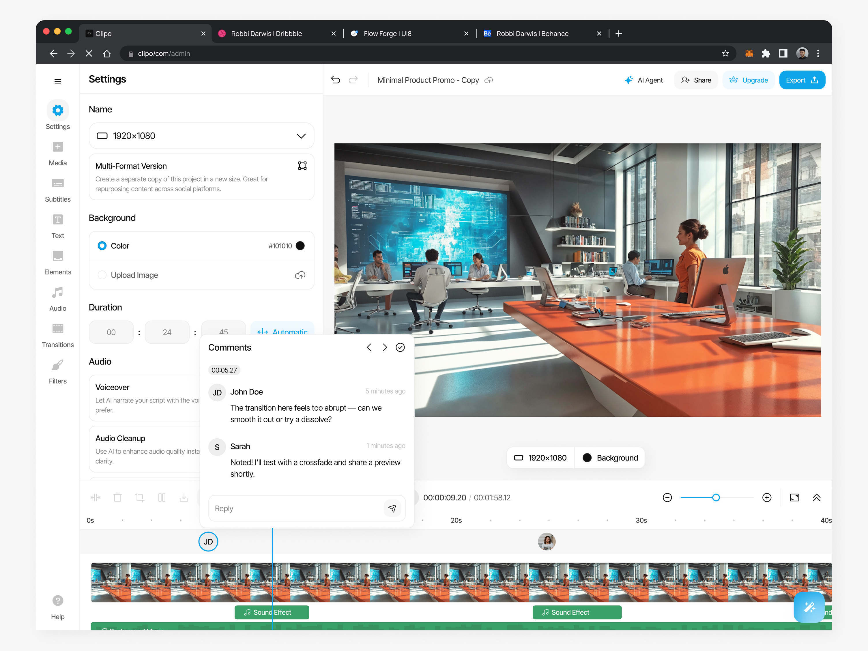 Clipo - AI for Video Editor Webapp (Edit & Export Video) ai avatar ai generate ai platform clip creator dashboard generate voice over invite member photo editor pricing page redesign responsive design saas saas product team space ui ui design video editing video editor video generate voice over