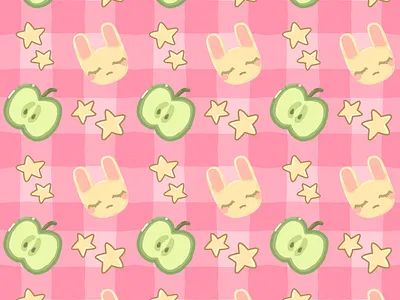 Applebunny (Seamless pattern) apples bunny cute heisei illustration kawaii kids pattern pink plaid retro seamless seamless pattern spring stars