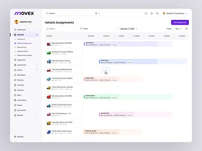 Movex SaaS - Vehicle Assignments add assignment add vehicles driving fleet fleet activity product saas service status transport ui uiux vehicle assign webapp