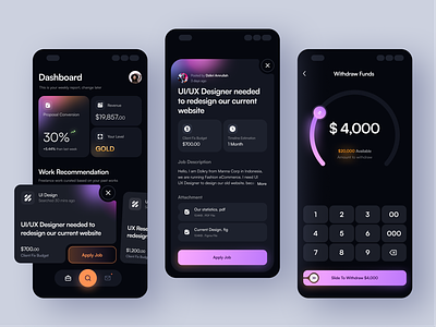 Freelance Project Finder Mobile Apps app career clean dark dark mode find work freelance freelance project freelancer gradient job job board job finder job listing mobile mobile apps money ui design work working