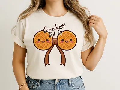 Sweet Waffle Bow T-Shirt Design artwork bow butter cartoon clothing design fashion illustration kawaii merch sweet syrup tasty tshirt typography vector waffle