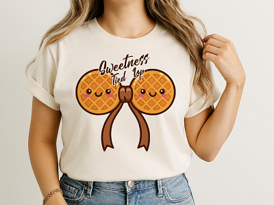 Sweet Waffle Bow T-Shirt Design artwork bow butter cartoon clothing design fashion illustration kawaii merch sweet syrup tasty tshirt typography vector waffle