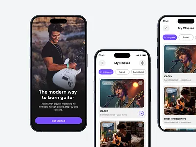 Guitar Learning App — Mobile Experience acoustic electric guitar app app app design education guitar learning app learning learning platform mobile app mobile app design mobile design mobile ui music learning mobile app online class online course online education school