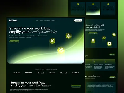Revol – Business Software & Services Landing Page ai automation branding business landing page dark ui design illustration ios landing page modern web design product website professional website saas design service website startup website ui ui design uiux ux design web design workflow