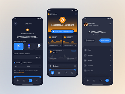 Bitcoin Mining Mobile App app design bitcoinminingui blockchaindesign cryptoappdesign darkthemeui fintechux mobile app mobileappdesign uiux
