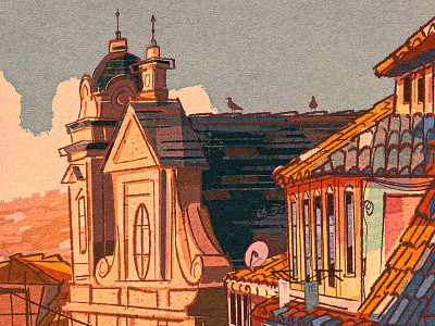 Cathedral 2d animation background cathedral church city cityscape europe illustration landscape lisboa lisbon portugal retro roof spain stylized tiles urban vintage