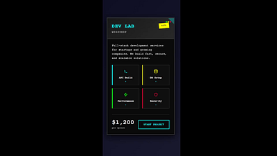 👩‍💻Dev Lab - Service Card UI appdesign cardui darkmode dashboard interfacedesign neondesign pricing ui uidesign webdesign