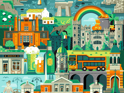 Ireland Travel Poster cityscape dublin europe flat design geometric guinnes illustration ireland landmarks landscape poster print pub skyline st. patrick travel traveling uk vector