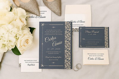 Blue Matte Screen Printed Wedding Invitation: C-Etched