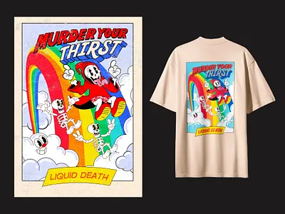 T-shirt design for "Liquid Death" 1930 1930s apparel branding cartoon character design illustration liquid death mascot merch old cartoon old school reaper t shirt tee vintage water