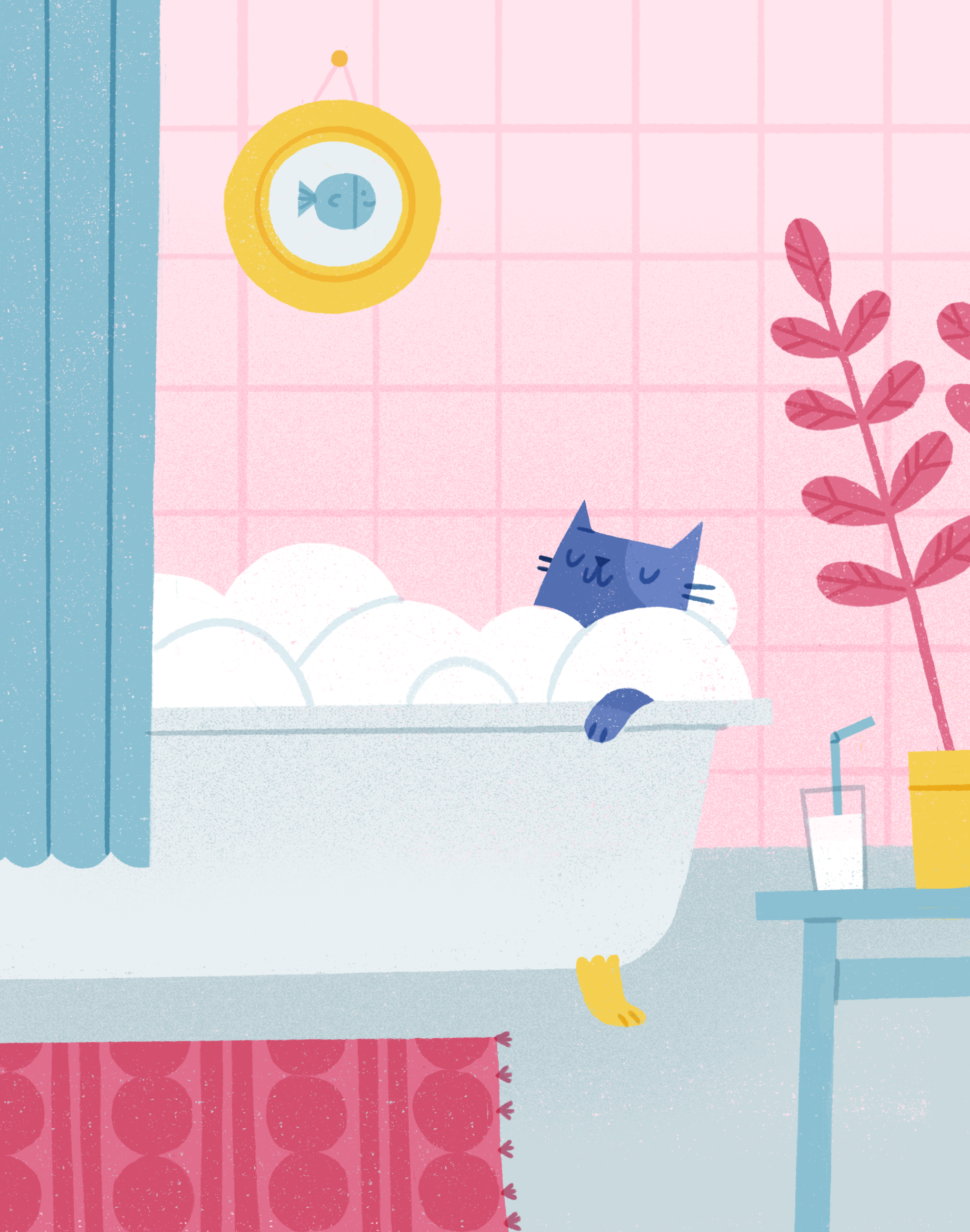 Chilling with a Glass of Milk bath bathroom bubbles cat character cozy fish foam illustration interior milk picture plant procreate relax texture