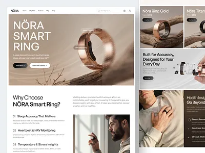 NORA - Smart Ring Health Tracker Landing Page ai ring ecommerce health monitoring health tracker hrv monitoring landing page oura product samsung galaxy ring sleep monitoring smart device smart gadget smart ring smart ring website stress insight wearable device wearable tech wellness device wellness tracking