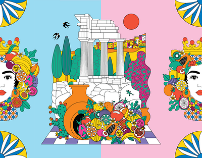 Editorial Illustration - Exotic Fruits in Sicily colorful illustration colourful digital art editorial design editorial illustration fun and bold italian illustration italy mediterranean style old style illustration retro illustration ruins sicilian sicilian illustration sicily stylish illustration summer illustration testa di moro vector illustration vintage illustration