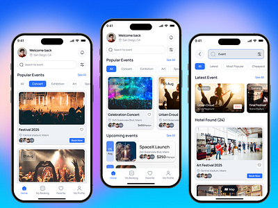 Event Booking App app apps apps inspiration dailyux event event app event app flow event management app figma home screen management mobile omborading popular product ui ui8 uiux