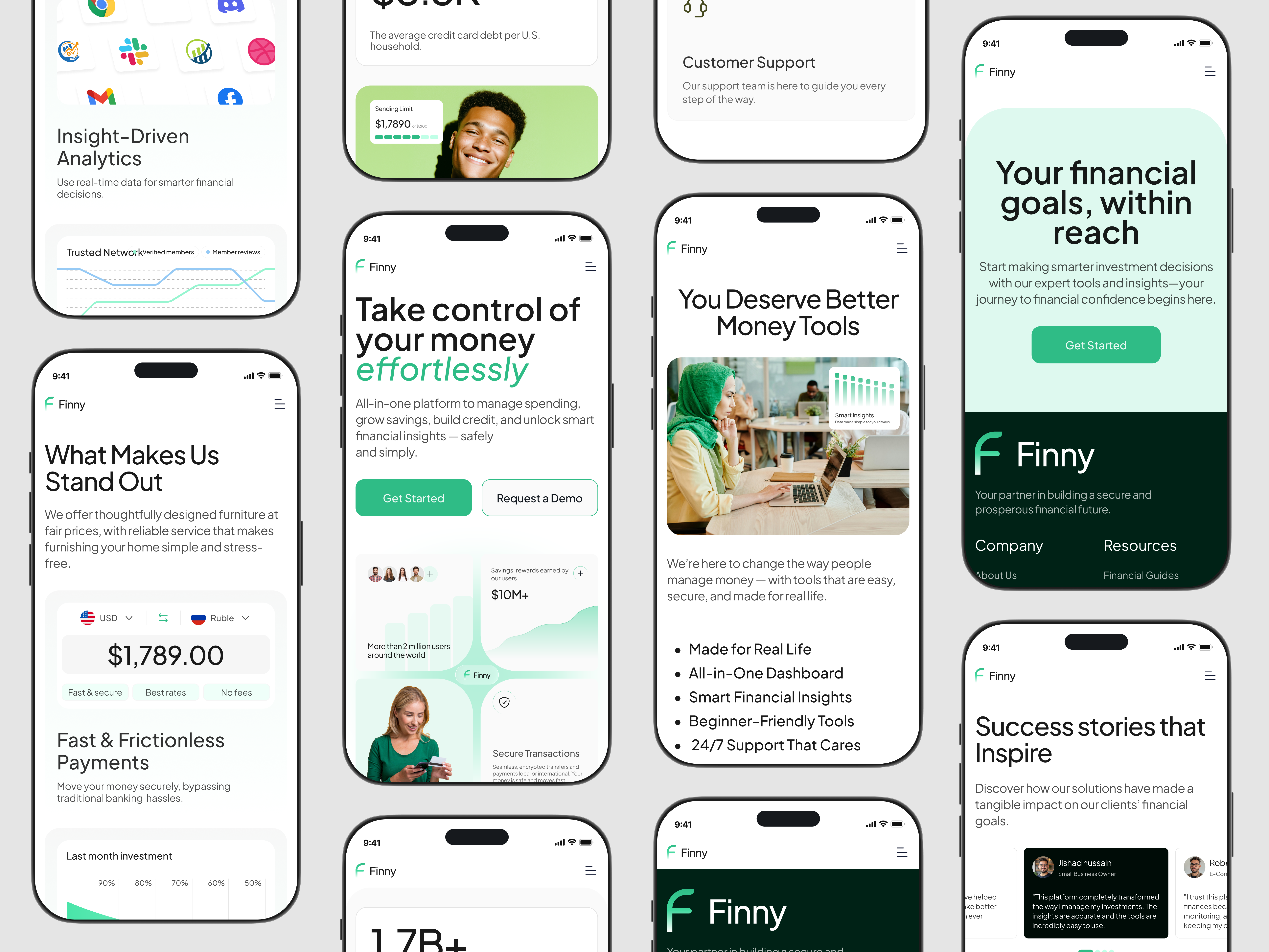 Finny – Responsive Finance Landing Page Design card design design finance fintech mobile product responsive ui ui ux web website design
