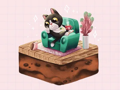 Kitty 2d animal artist artwork black cartoon cat character colorful cute design digital art green hedgehog illustration illustrator isometric kitty mascot plants