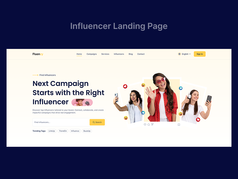 Influencer Landing Page banner branding business figma design graphic design home page influencer landing page ui website