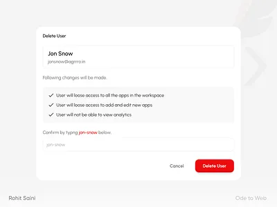 Delete user modal admin clean confirm dashboard delete elegant light minimal modal pop up saas ui design user user experience ux design