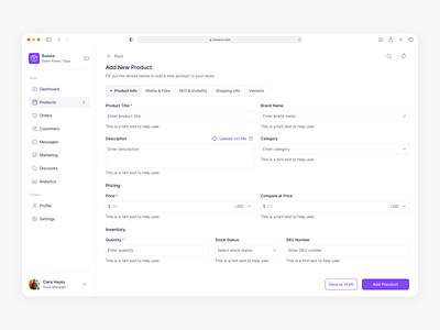 Add New Product, Product Info dashboard design input marketplace saas seller panel typography ui ux