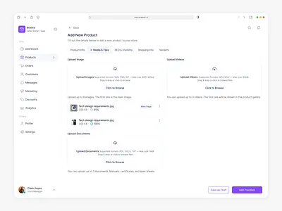 Add New Product, Media & Files dashboard design marketplace saas seller panel ui ux ınput