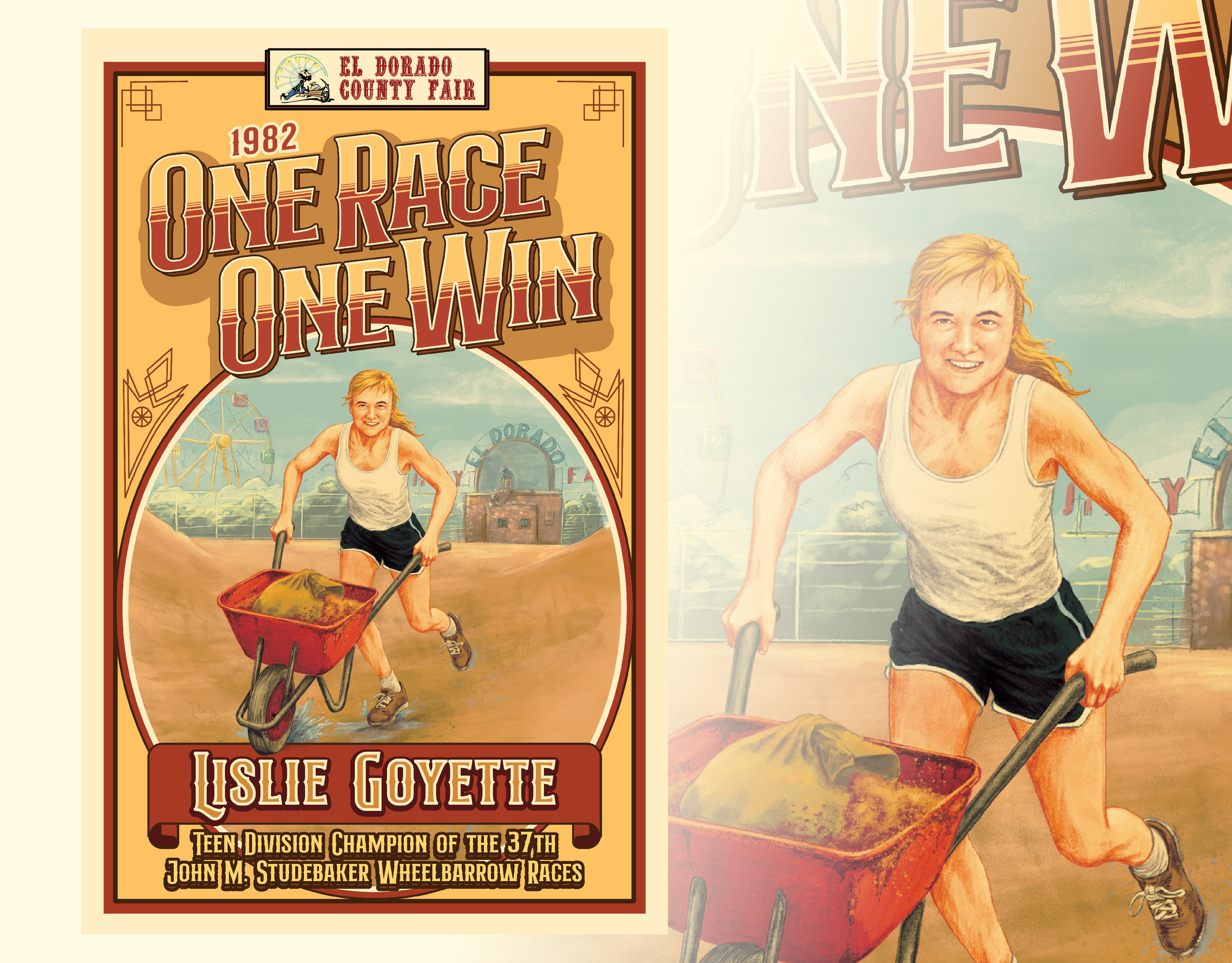 One Race, One Win – El Dorado County Fair Poster americana design county fair illustration getcreativewithprocreate graphic design hand drawn illustration illustration nostalgic poster art poster design retro racing poster retro typography vintage fair poster wheelbarrow race