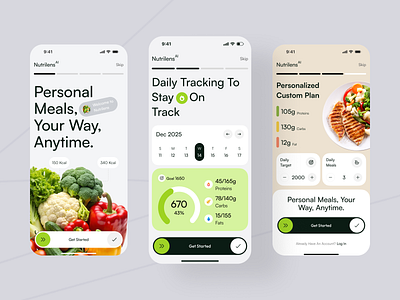 Food App - Health Fuel Mobile UI app design app ui balanced diet calorie tracker diet planner fitness app food app health app health tracker healthy eating meal planner meal tracker mobile app mobile app design mobile ui mobile ux nutrition app ui wellness app