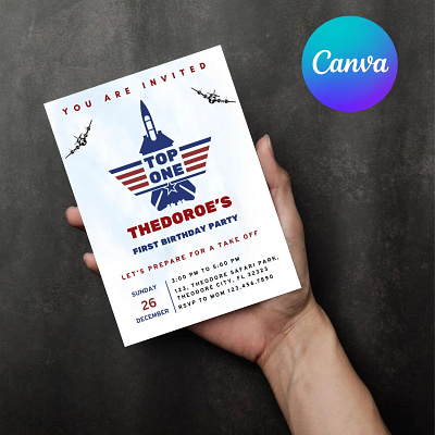 Top One Birthday Invitation Editable | Fighter Gun Invite Evite birthday invitation canva template digital download fighter pilot invitation top gun birthday top gun evite top gun invitation top gun invite top one invitation top one invite