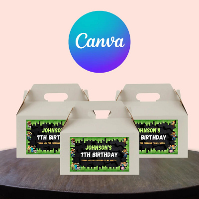 Mine Theme Gable Box Label Personalized Printable Party Favors D canva template gable box gable box design gable box invite gable box template girl birthday minecraft gable box minecraft gable box design