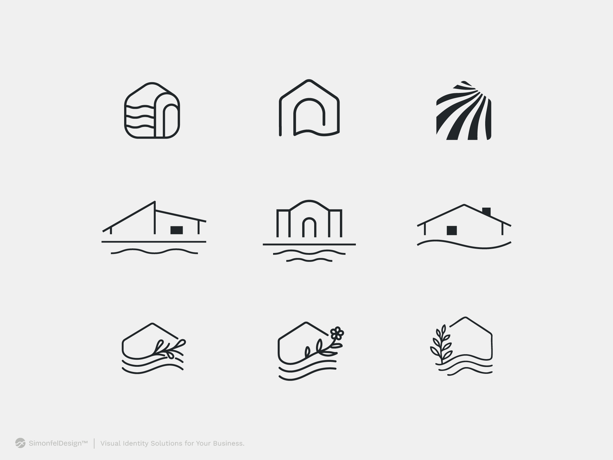 Lakeside House Vector Concepts for Real Estate or Architecture aesthetic architect beach coastal collection exploration home home builder hotel house lake lakeside line art linear logo marina minimal resort water wave