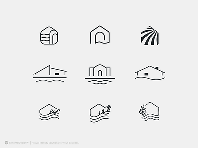 Lakeside House Vector Concepts for Real Estate or Architecture aesthetic architect beach coastal collection exploration home home builder hotel house lake lakeside line art linear logo marina minimal resort water wave