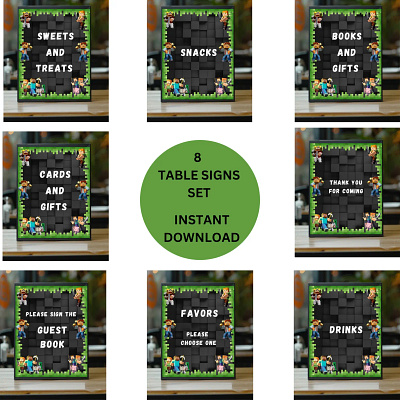 Mine Theme Craft Birthday Party Table Signs 8x10 Instant Downloa birthday party birthday party signs ideas instant download minecraft party signs minecraft table signs