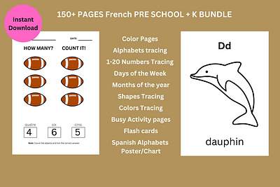 Learn French PreK + K Bundle, 100 Pages | French Preschool & Kin activity worksheets french worksheets learn french learn homeschool learn prek learn preschool