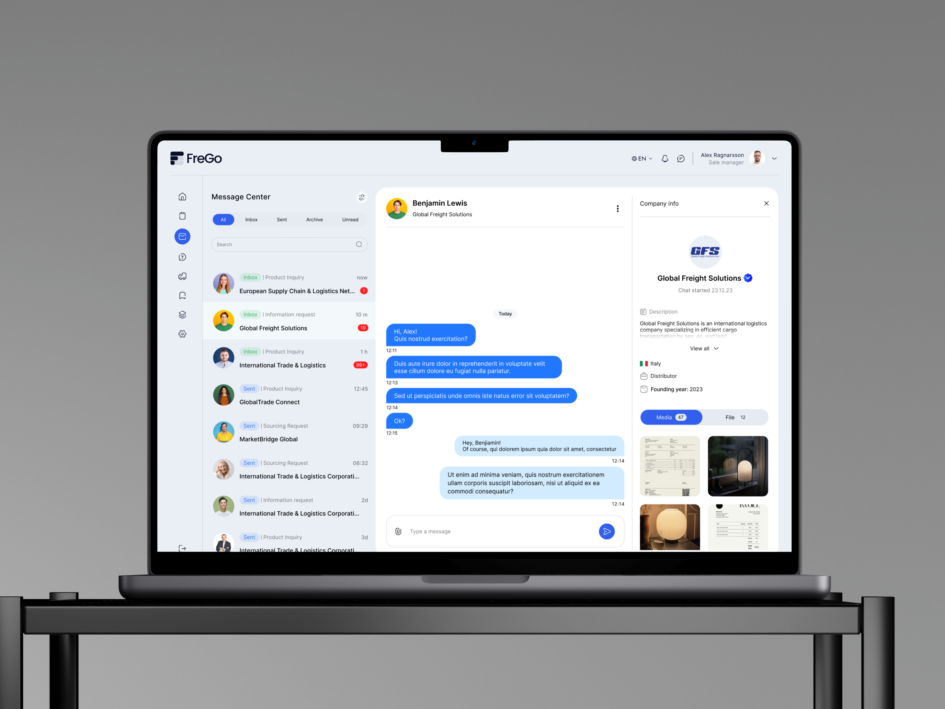 Message Center . company info panel b2b business communication chat chat ui company dialog dashboard dialog logistics platform message message center personal area product design saas settings ui message