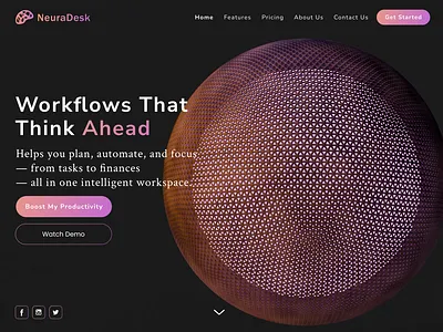 NeuraDesk – AI Productivity Workspace 🚀 3d aftereffects ai blender dribbble figma landingpage latest website design 2025 modernai design motiondesign saas ui uidesign ux uxdesign webdesign