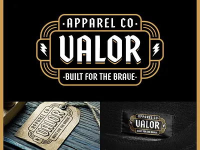 Valor Apparel Badge Logo | Neck Tag Design apparel apparel design badge branding company crest gold graphic design identity design indie label neck tag packaging design product product design shield tag tag design valor