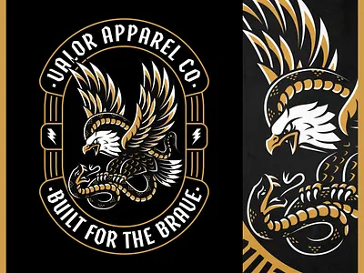 Eagle Snake Badge Design | Valor Apparel apparel apparel design badge bald eagle bolt branding company crest eagle illustration mascot logo military militia product design python serpent shield snake sports logo viper