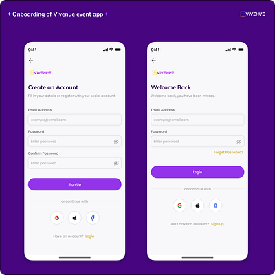 Onboarding screen of an event ticketing app create an account design figma login mobile app onboarding onboarding screen sign up social links text field ui ux