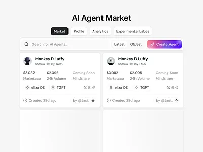 AI Agent Market UI card design app card design interface product service startup ui ux web website