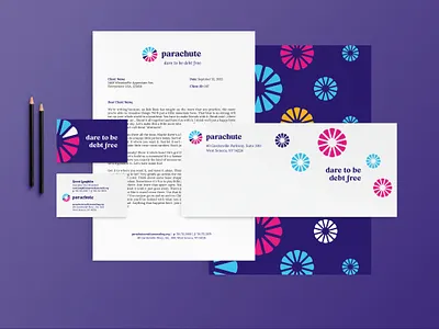 Parachute Branding bag branding burst debt free icon identity illustration logo merch nonprofit parachute stationery